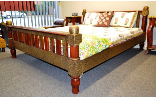 Indian Teak Embossed Brass Fitted Bed 