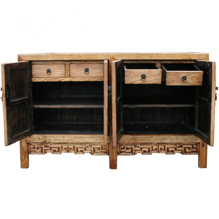 Natural Elm Chinese Sideboard w/ Carving