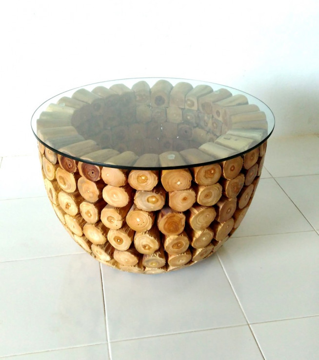 Teak Log Coffee Table with Glass top